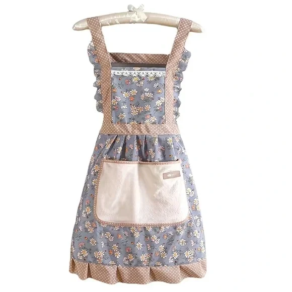 Apron Bib Sweet Vintage Retro Vibe  Pockets Waist Tie Floral Polka Dot Blue OS - Picture 10 of 10